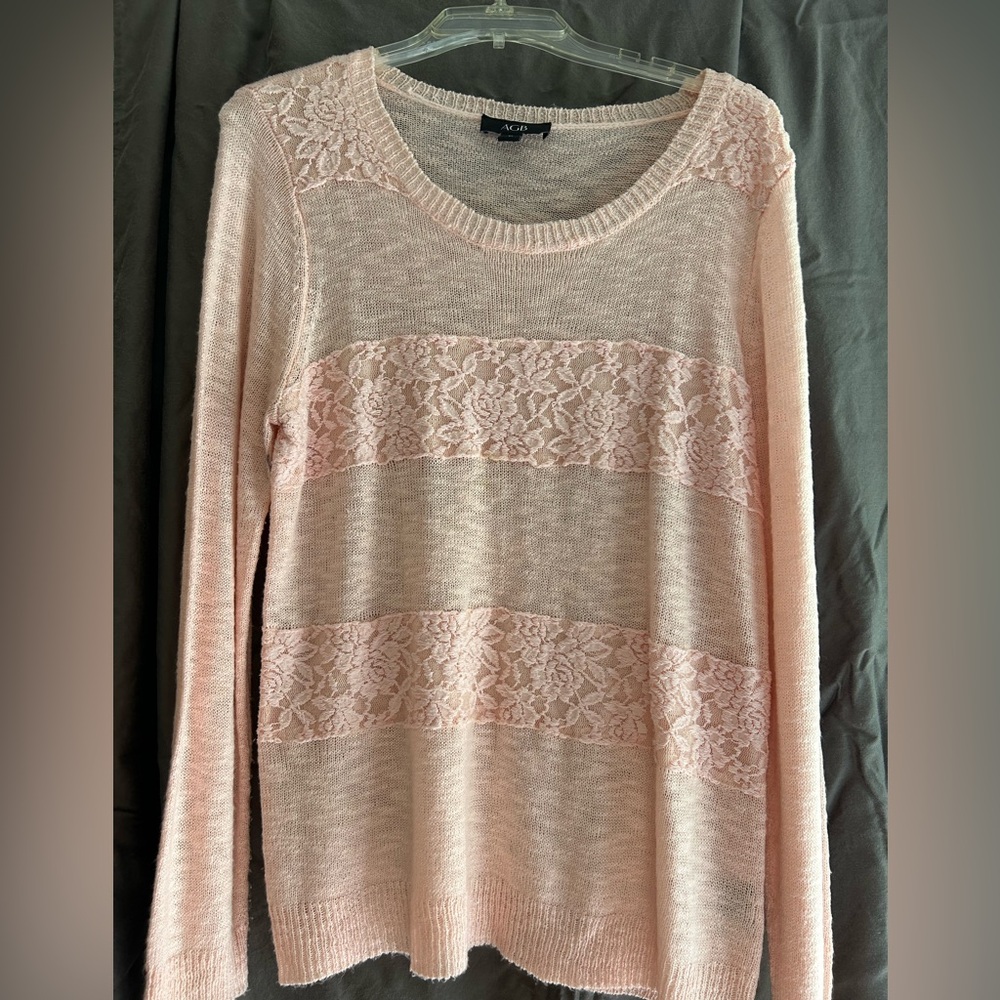 AGB Pink Crew Neck Sweater with Lace Details
